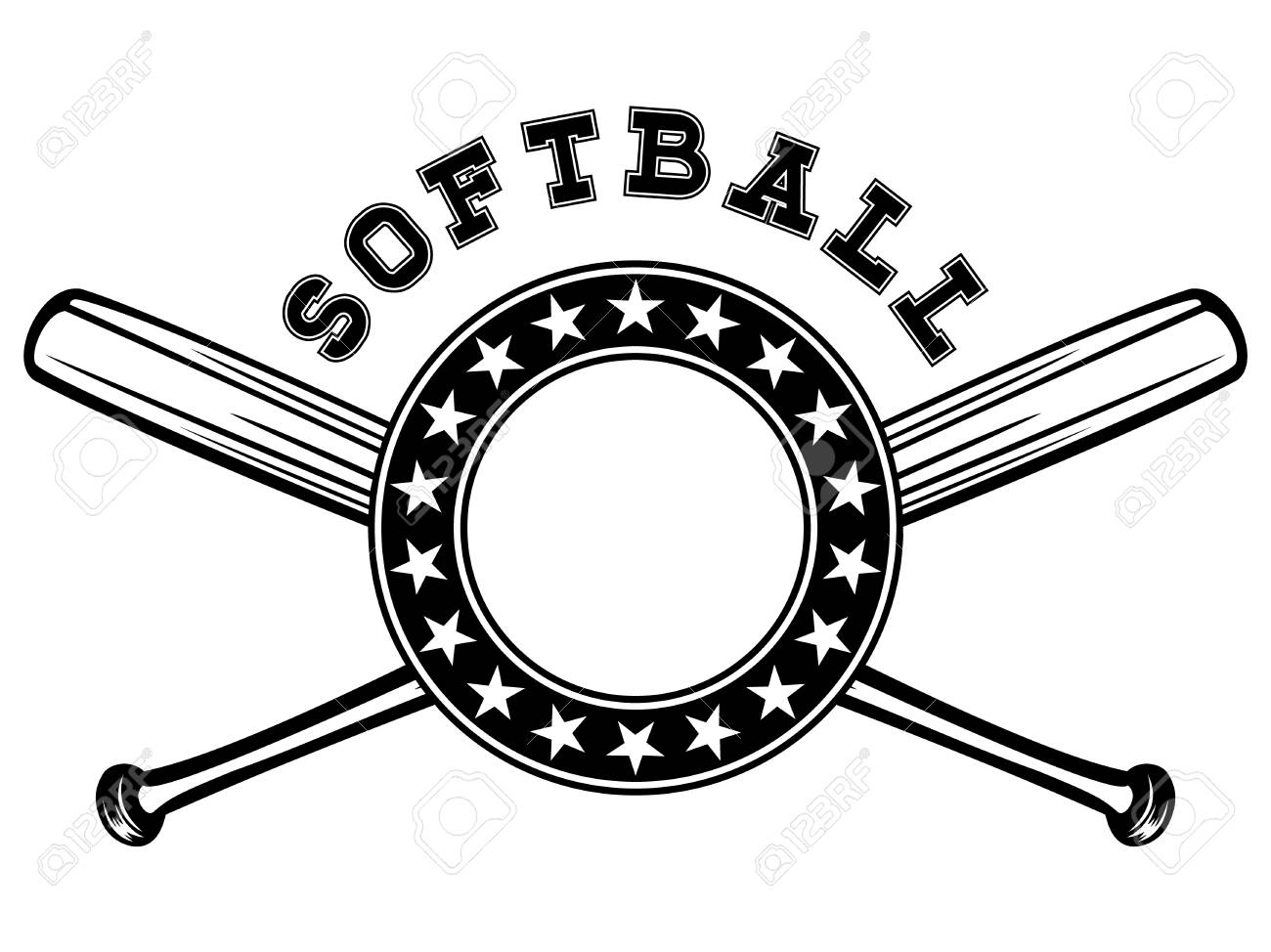 Abstract Vector Illustration Cadre Noir Et Blanc Avec Des étoiles En Cercle Sur Les Battes De Baseball Croisées Inscription Softball Concevoir Pour