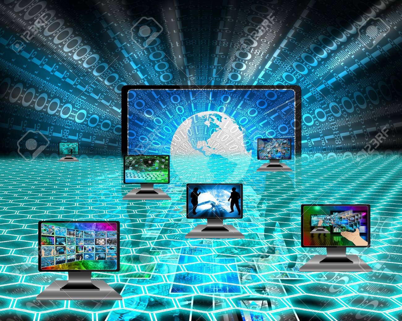 six monitors with images on the theme of the internet and high tech