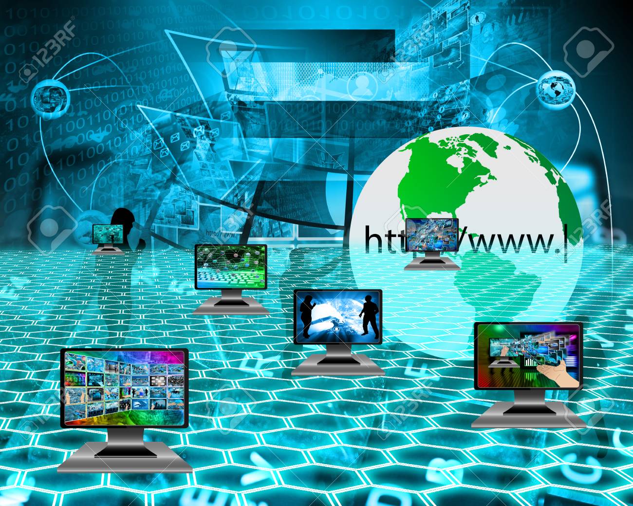 six monitors with images on the theme of the internet and high tech