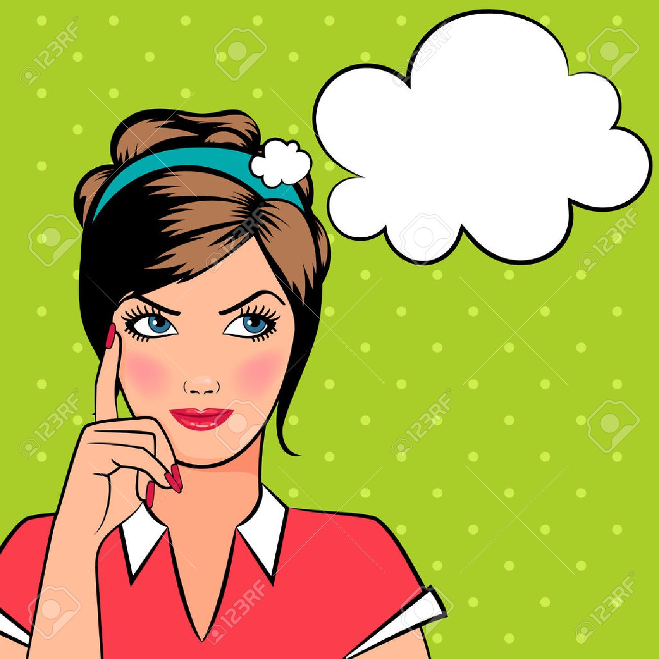 Thinking woman in pop art comic style with speech bubble for your text Stock Vector - 43645205