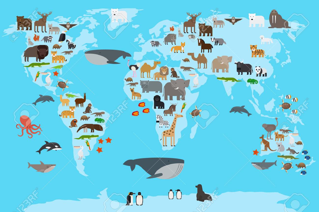 Animales Mapa Del Mundo. Los Animales Que Viven En Diferentes Partes Del Planeta Guía. Ilustración Del Vector. Ilustraciones Vectoriales, Clip Art Vectorizado Libre De Derechos. Image 48756235.