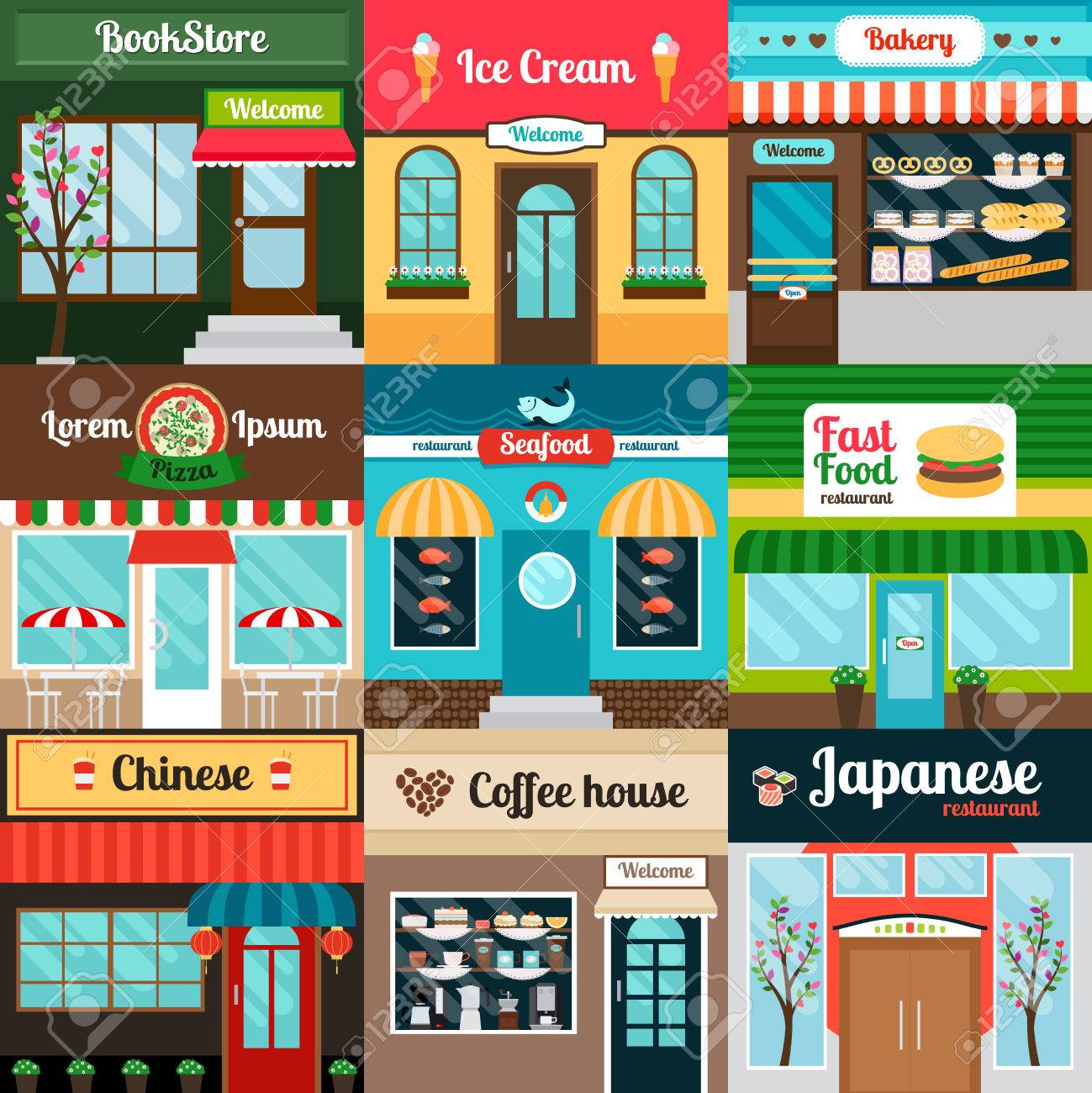 食品の外観の異なる種類のレストラン コーヒーの家 パン屋さん ファーストフード 書店 ベクトル図のイラスト素材 ベクタ Image 食品の外観の異なる種類のレストラン コーヒーの家 パン屋さん ファーストフード 書店 ベクトル図のイラスト素材 ベクタ Image