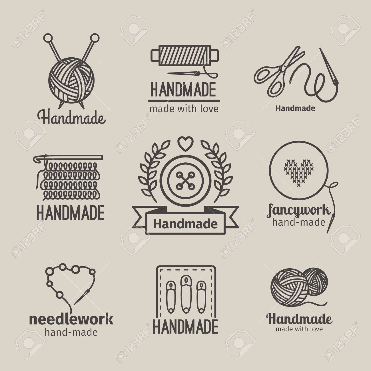 Handmade line vintage logo set. Handmade retro badges or handmade outline labels. Knitwear and sewing symbols. Vector illustration - 55346142 Handmade line vintage logo set. Handmade retro badges or handmade outline labels. Knitwear and sewing symbols. Vector illustration - 55346142