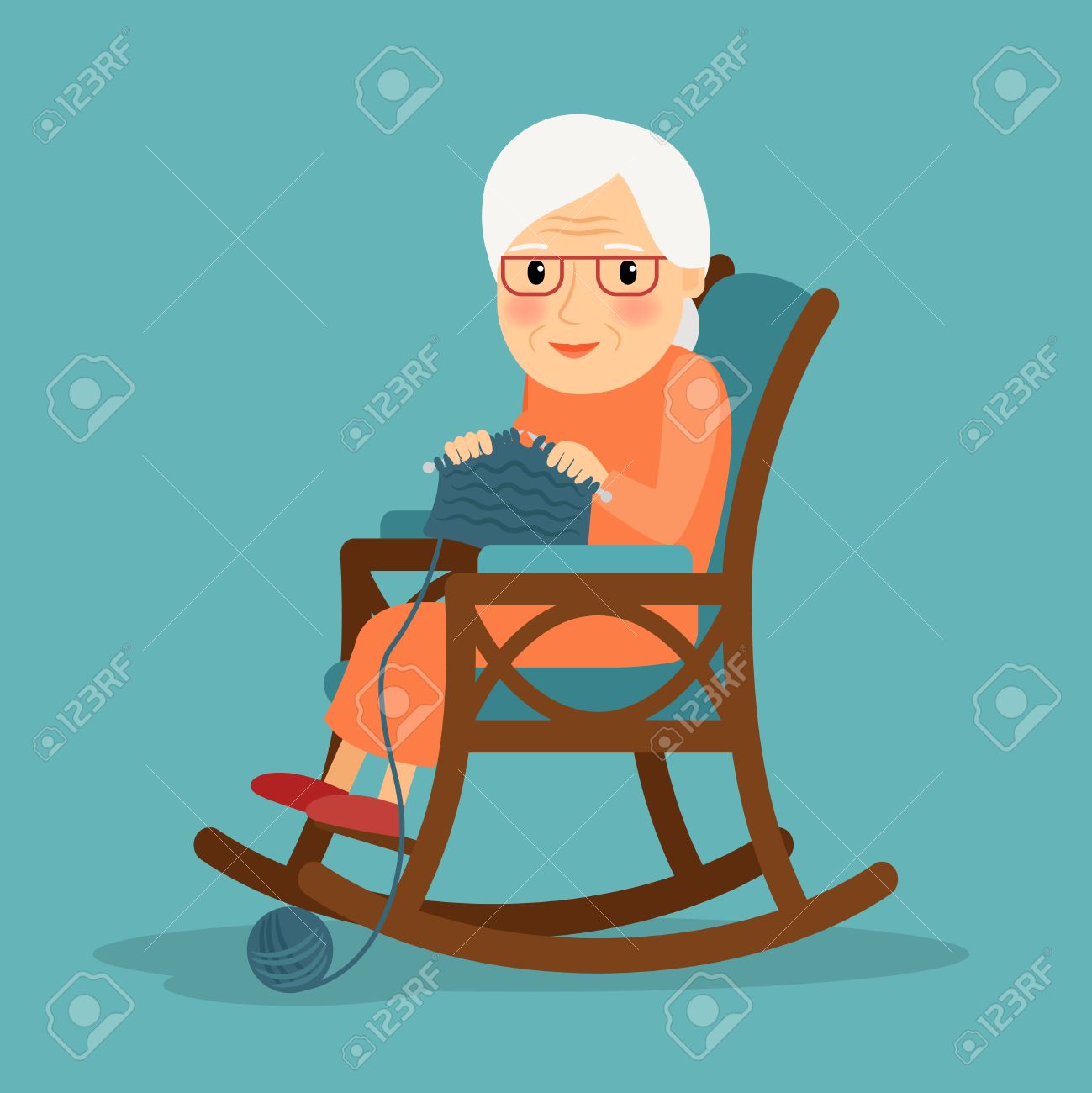 Knitting. Old woman knits. Granny knitting in her rocking chair. - 55978013 Knitting. Old woman knits. Granny knitting in her rocking chair. - 55978013