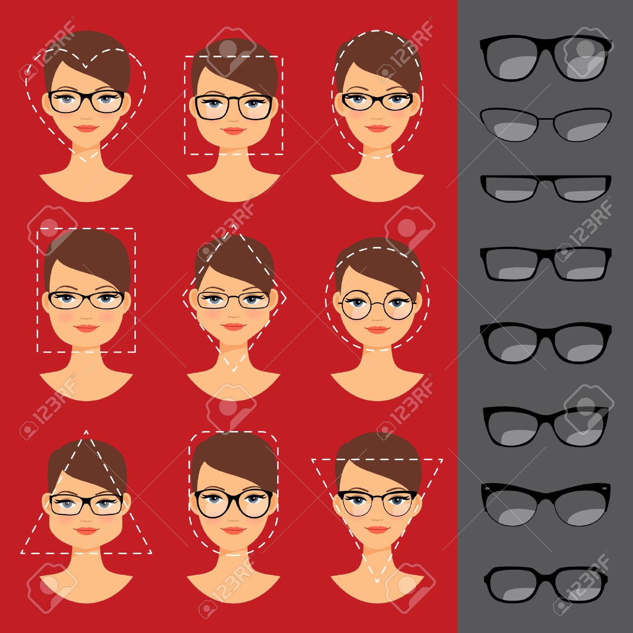 Different glasses shapes for different face shapes. illustration - 56382080 Different glasses shapes for different face shapes. illustration - 56382080