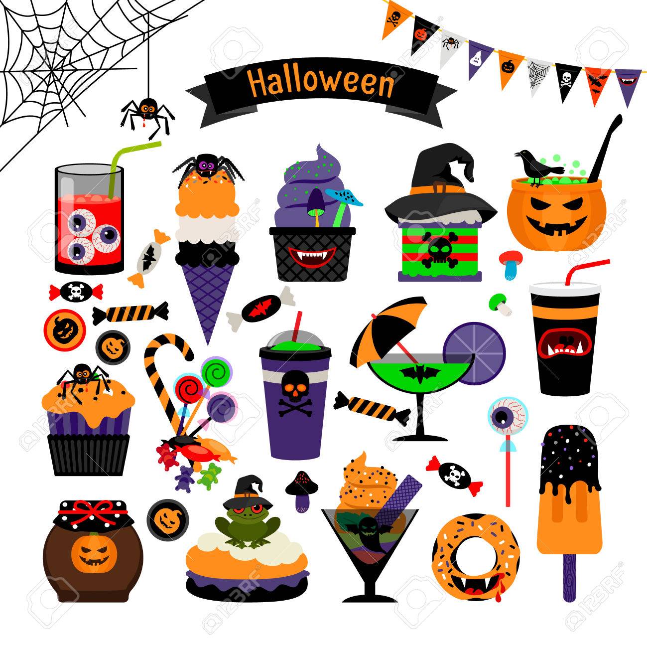 ハロウィーンの魔法のお菓子のベクトルのフラット アイコン カボチャとマフィン お菓子や子供のためのアイスクリーム のイラスト素材 ベクタ Image