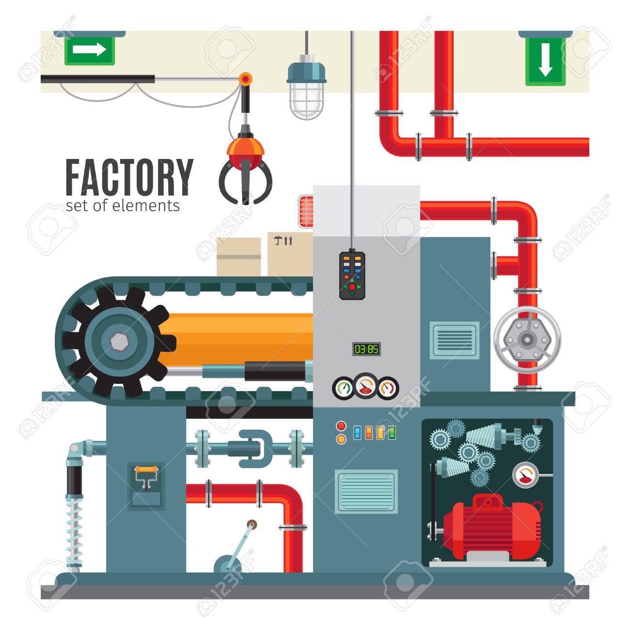 フラット スタイルの製造コンベヤです 機械工場包装コンベア ベルト ベクトル図 のイラスト素材 ベクタ Image