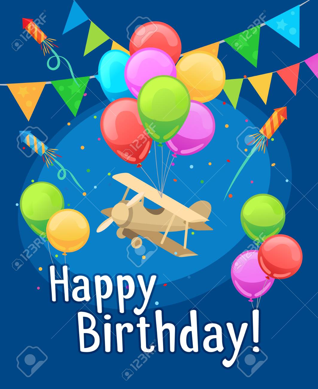 Enfants Modele De Carte De Parti Les Enfants Carte De Joyeux Anniversaire Avec Des Ballons Et Avion Vector Illustration Clip Art Libres De Droits Vecteurs Et Illustration Image