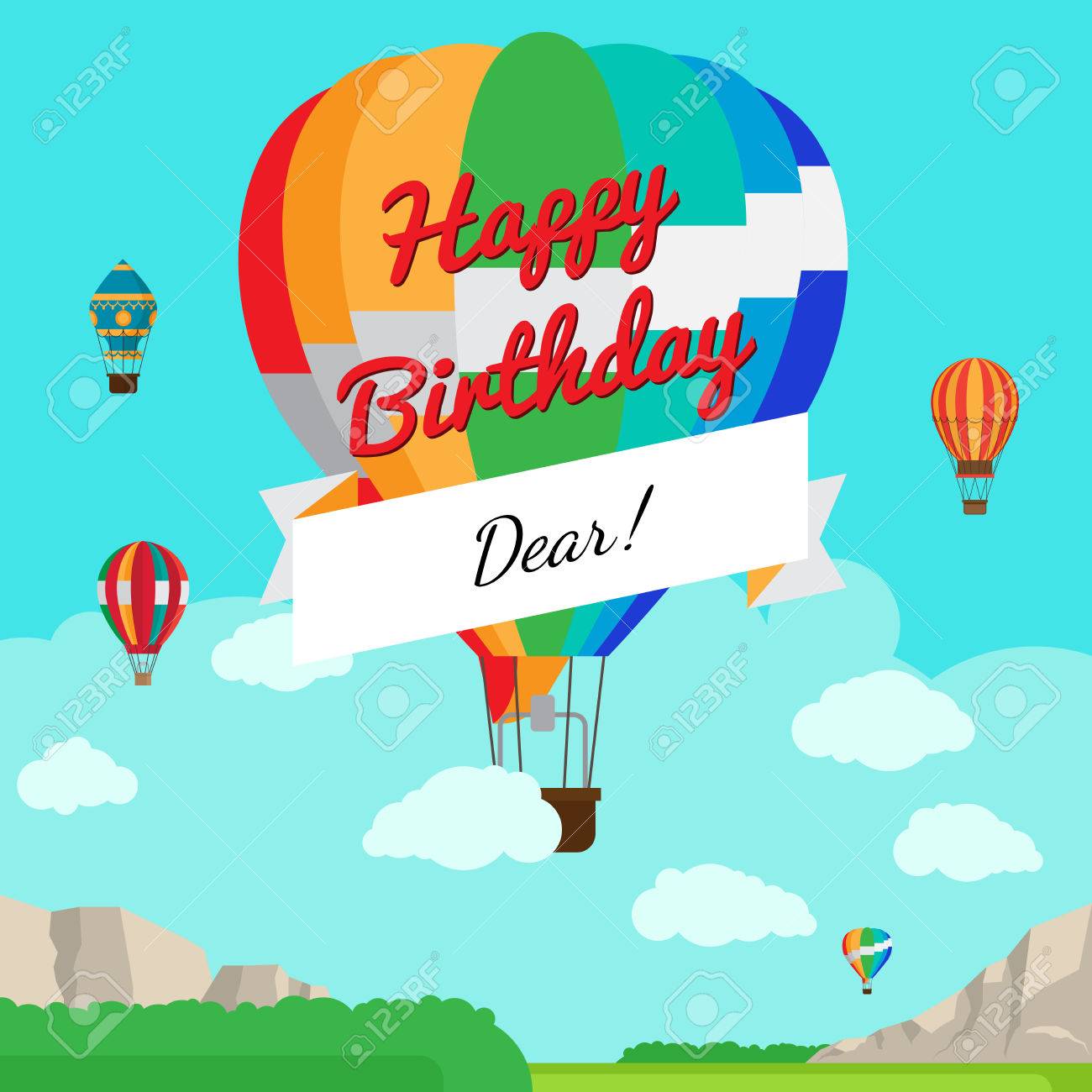 Montgolfiere Coloree Avec Ruban Blanc Carte De Joyeux Anniversaire Ballons A Air Volant Sur Illustration Vectorielle De Montagne Paysage Clip Art Libres De Droits Vecteurs Et Illustration Image