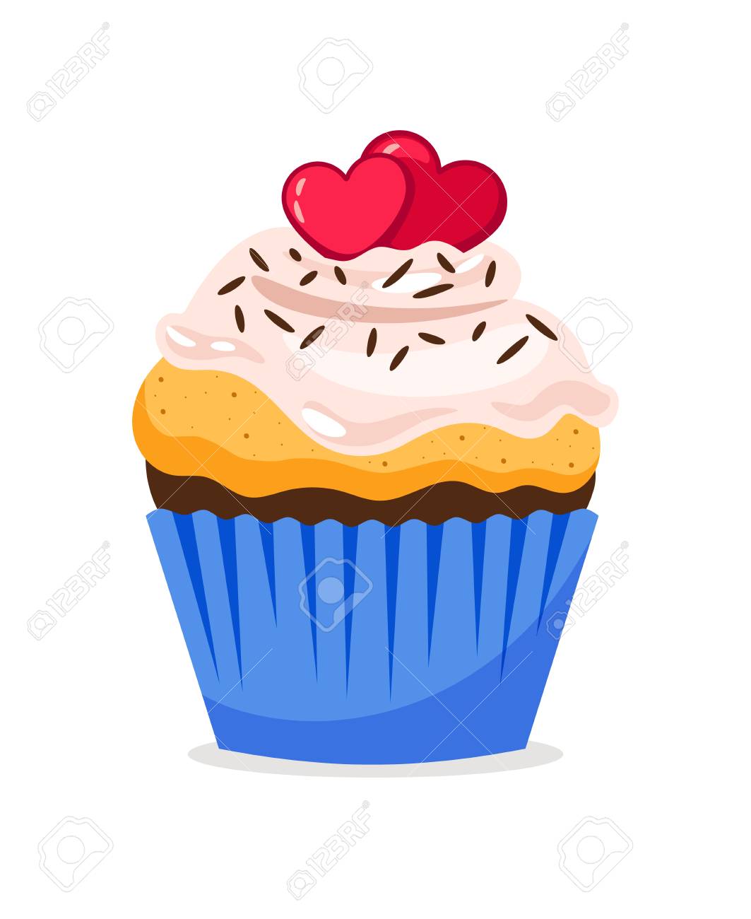 Cupcake Illustration With Hearts Decoration And Confetti On