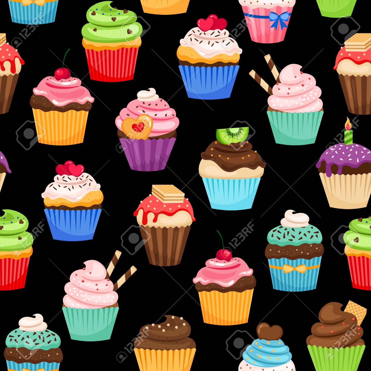 Sweet Cupcakes Colorful Pattern On Black Background Vector