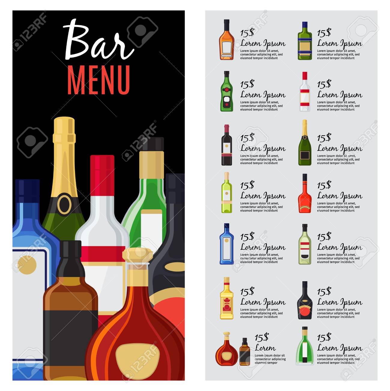 alcohol drinks menu template for bar and restaurant with bottles alcohol menu template