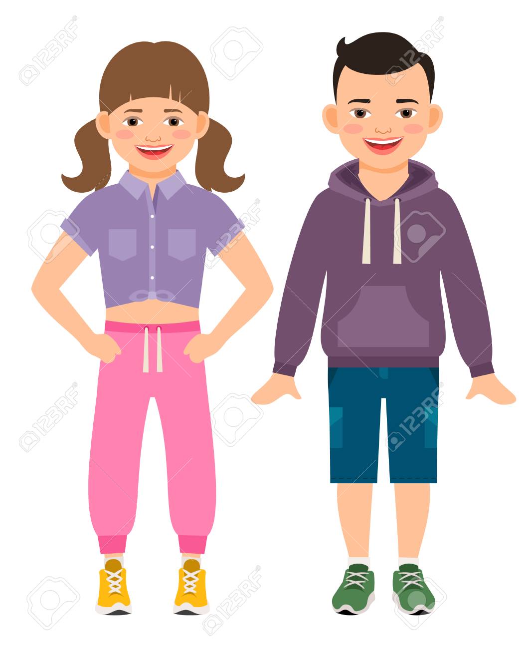 かわいい子供たちはベクトル イラストです 白い背景に分離された漫画女の子と男の子の子供たちのイラスト素材 ベクタ Image