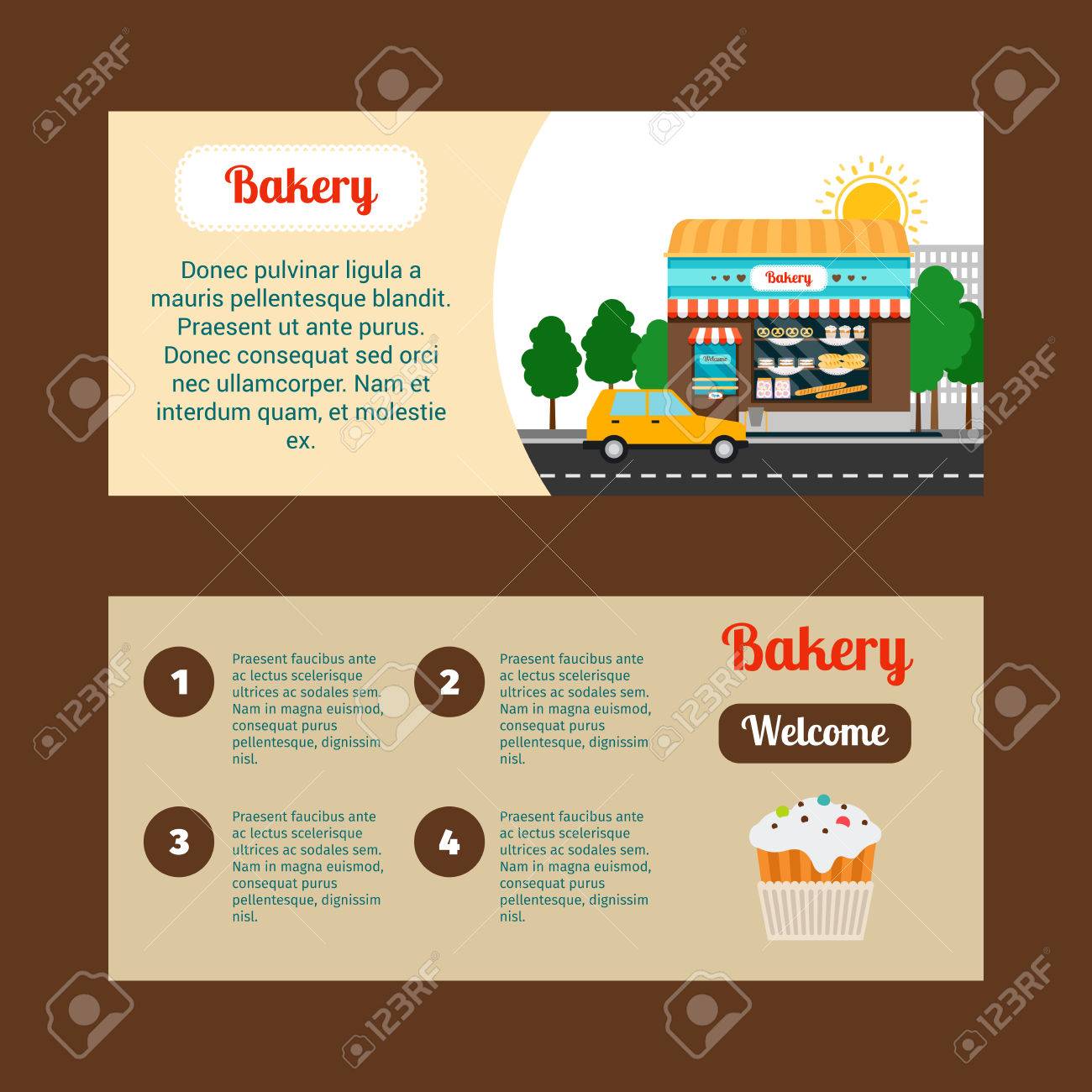 bakery horizontal flyers with shop building and landscape vector landscape flyers