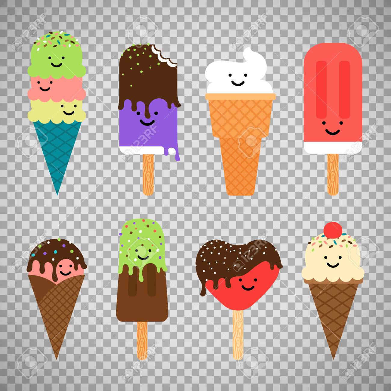 Ice Cream Flat Cute Icons Chocolate And Vanilla Icecream In