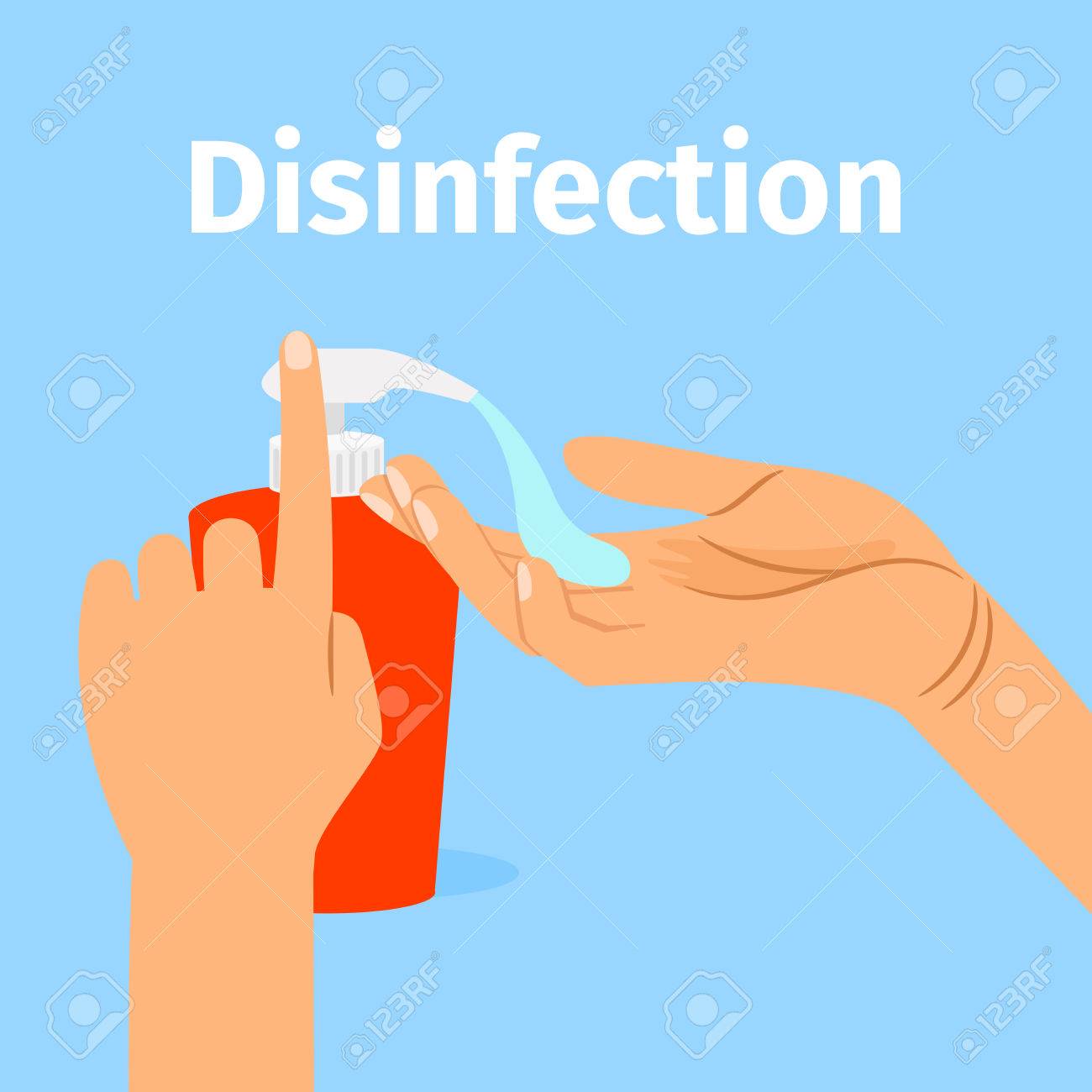 Disinfection concept. Liquid soap with pumping from bottle. Applying a moisturizing sanitizer. Woman washing hands vector illustration - 83889754 Disinfection concept. Liquid soap with pumping from bottle. Applying a moisturizing sanitizer. Woman washing hands vector illustration - 83889754