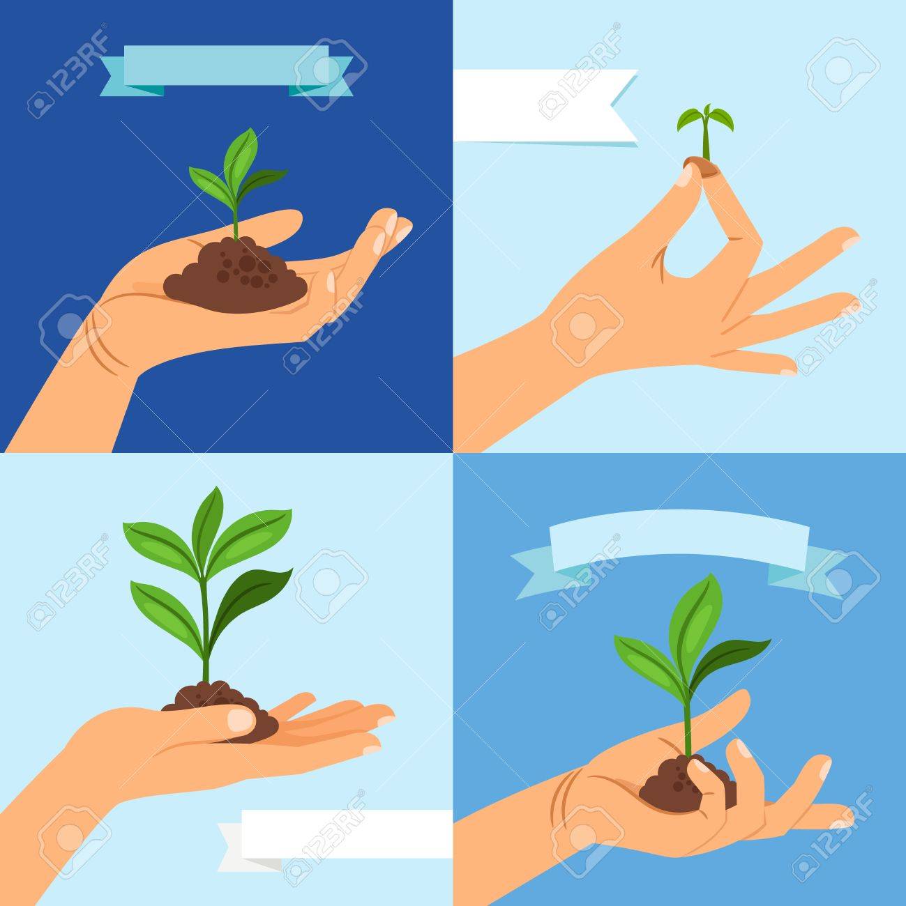 芽や苗 ヴァーナル植物の葉と人間の手のベクトル図の土 のイラスト素材 ベクタ Image