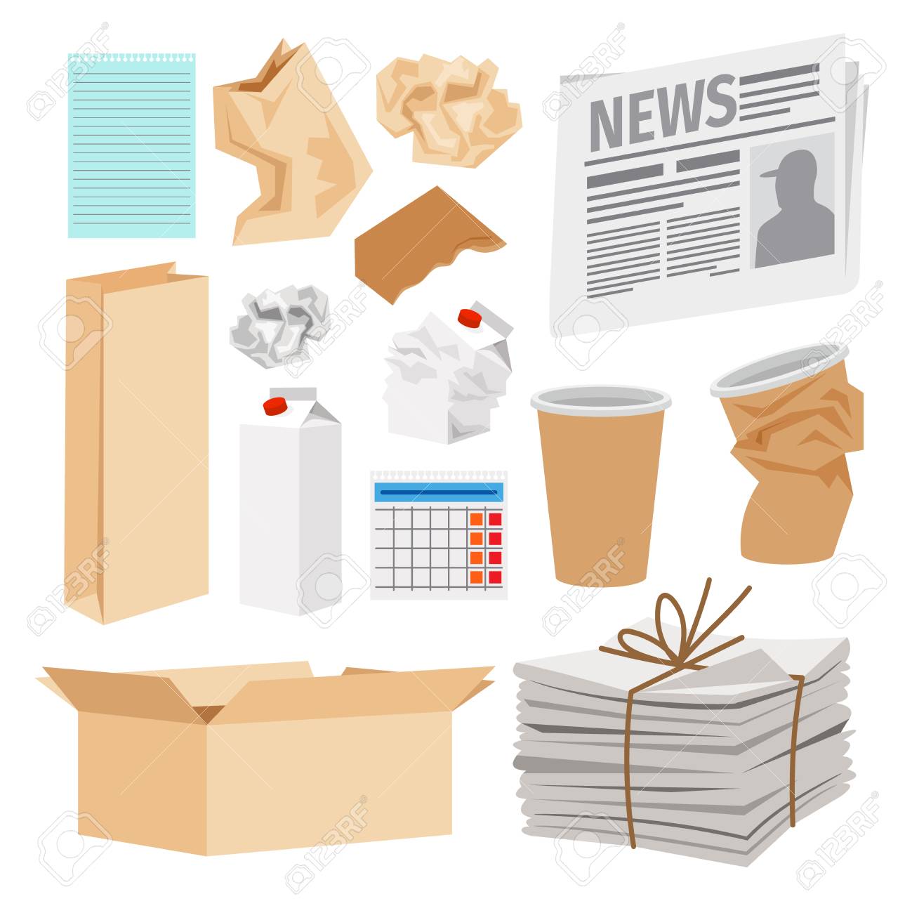 Paper trash icons collection. Vector icons of carton boxes, paper cups, stack of newspapers, milk packages - 88351403 Paper trash icons collection. Vector icons of carton boxes, paper cups, stack of newspapers, milk packages - 88351403