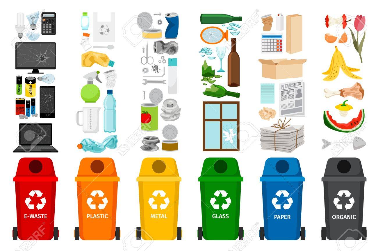 Garbage containers and types of trash, colorful vector icons - 88751491 Garbage containers and types of trash, colorful vector icons - 88751491