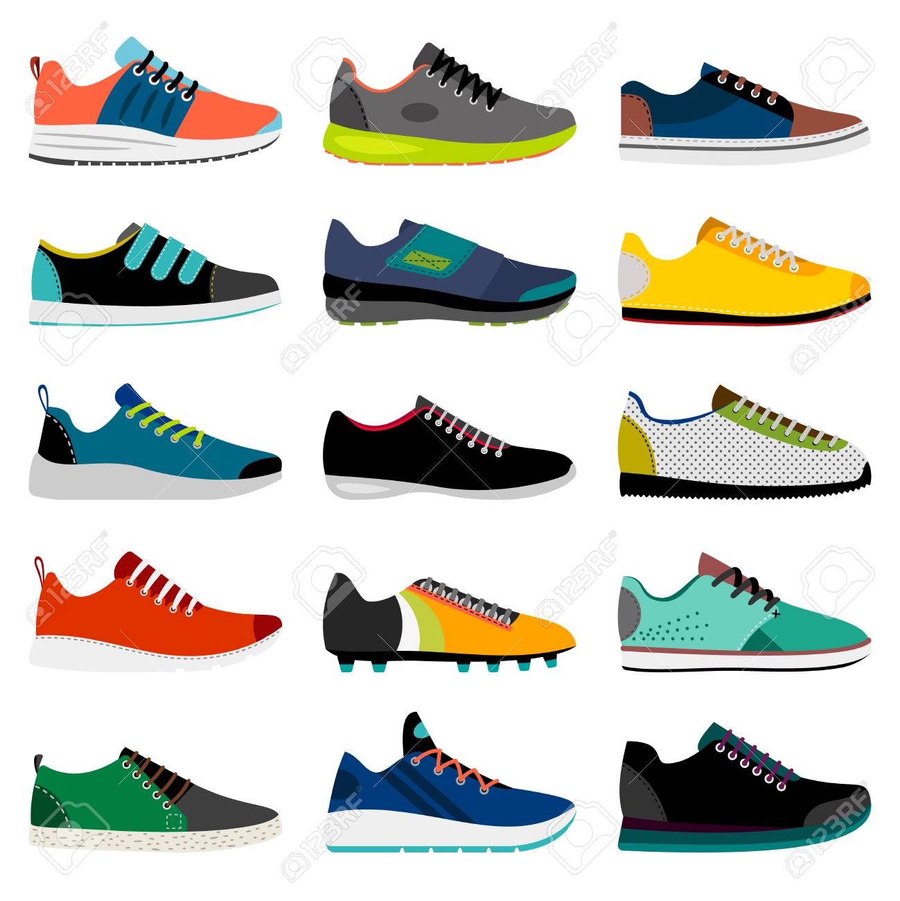 Zapatilla de deporte. Ilustración de vector de zapatillas deportivas, colección de calzado de tienda de deporte de fitness aislado sobre fondo blanco, Zapatilla de deporte. Ilustración de vector de zapatillas deportivas, colección de calzado de tienda de deporte de fitness aislado sobre fondo blanco,