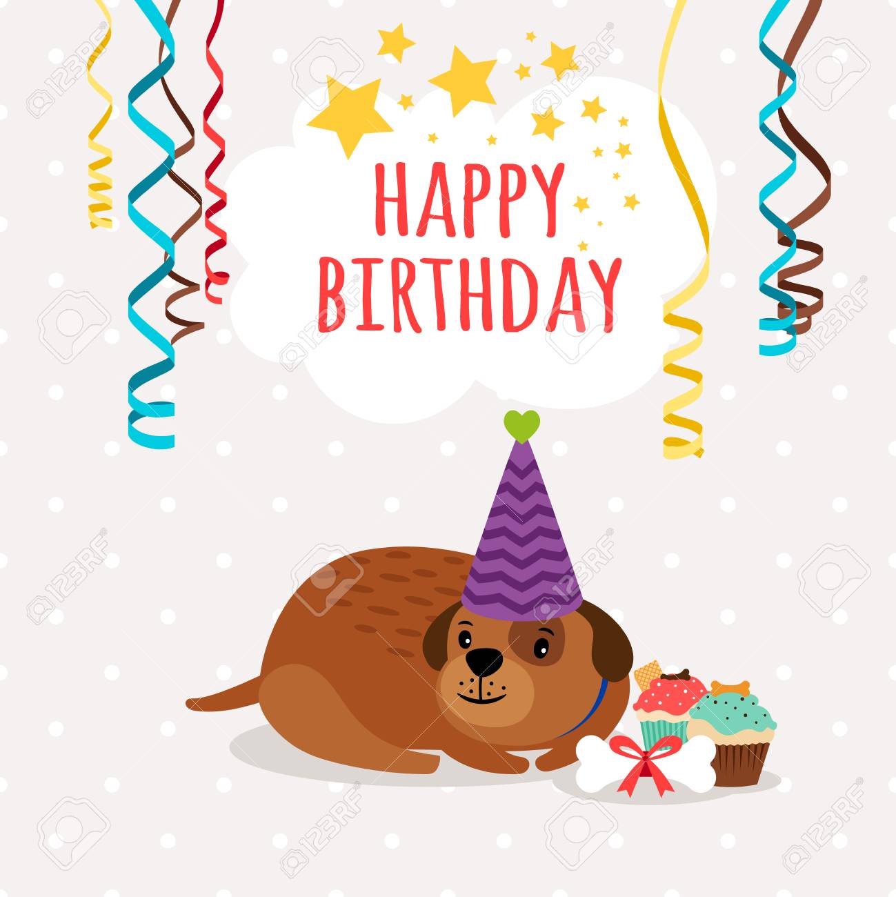 かわいい犬とカップケーキの誕生日カード のイラスト素材 ベクタ Image