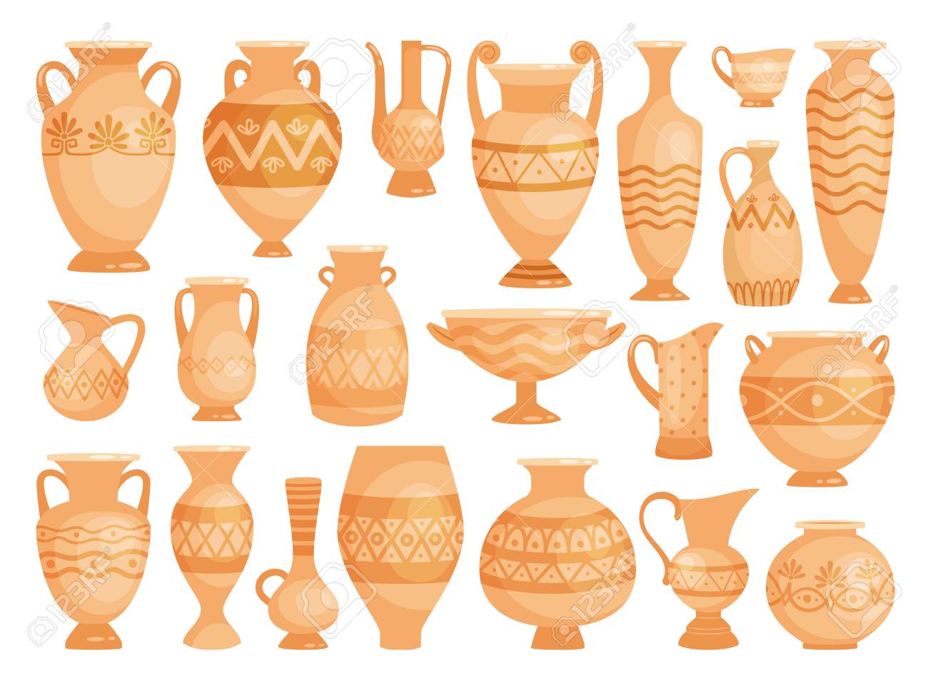Greek Vases Ancient Decorative Pots Isolated On White Background