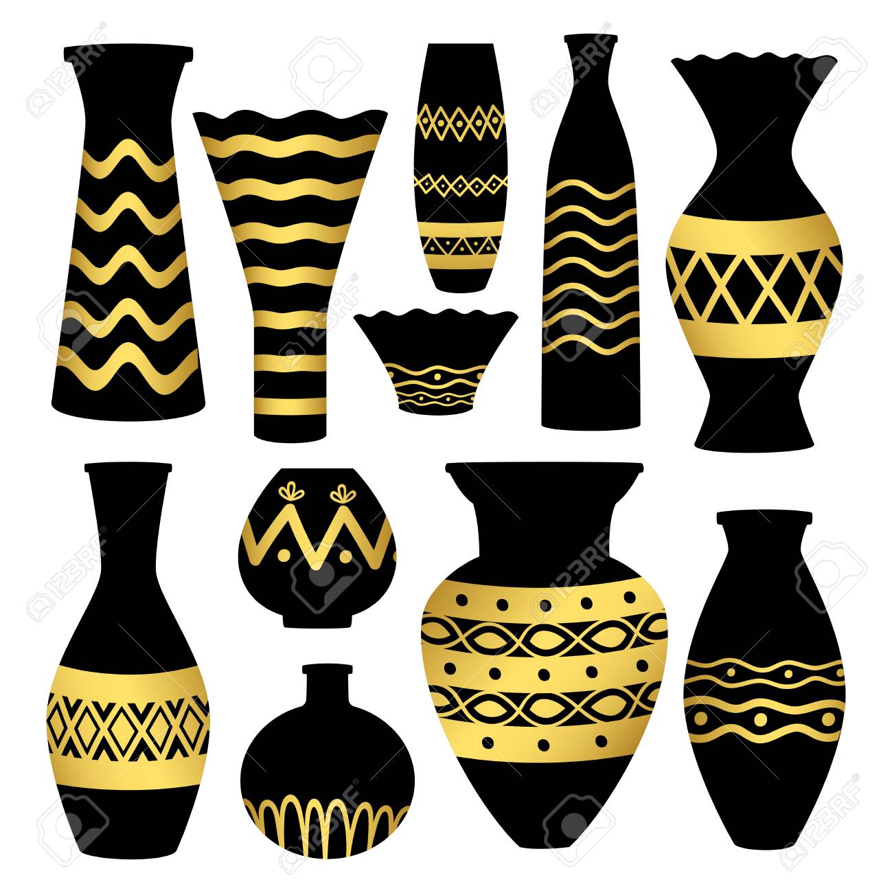 Greek Ancient Bowls And Vases With Golden Patterns Vase Ancient
