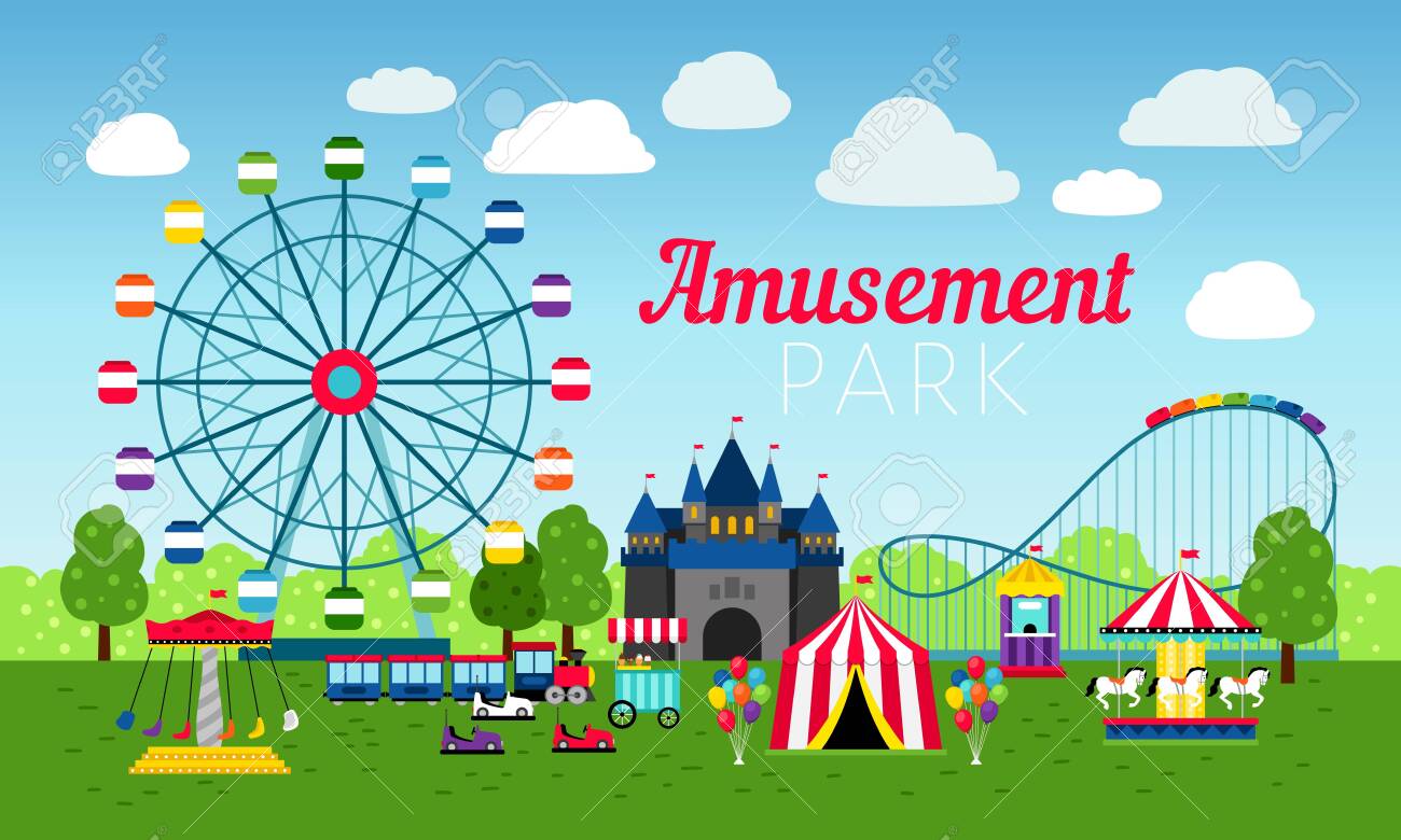 Attractions Park Design, Vector Illustration. Amusement Entertainment Park  Colorful Background With Fun Roller Ride, Carnival Games, Rollercoaster And  Cartoon Circus Tents Royalty Free SVG, Cliparts, Vectors, and Stock  Illustration. Image 130829561., image size:1300x780