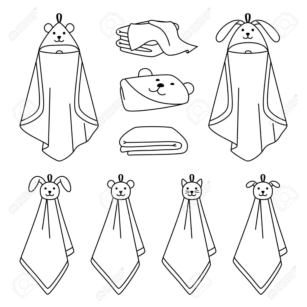 Towel Outline Line Icons. Cartoon Dry Clean Items For Bathroom, Hand Drawn  Cute Clean Items For Drying In Bath, Vector Illustration Of Towels Isolated  On White Background Royalty Free SVG, Cliparts, Vectors,, image size:1299x1300