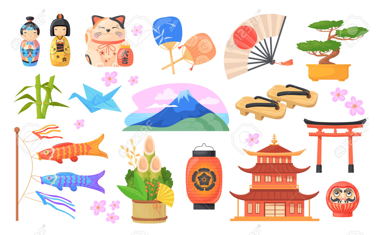 日本の旅行要素。日本の国の伝統文化のシンボル、東京パゴダ凧おもちゃラッキーキャット芸者新年門松アジアの文化的ランドマーク、すっきりとしたベクターイラストのイラスト素材・ベクター  Image 195357397