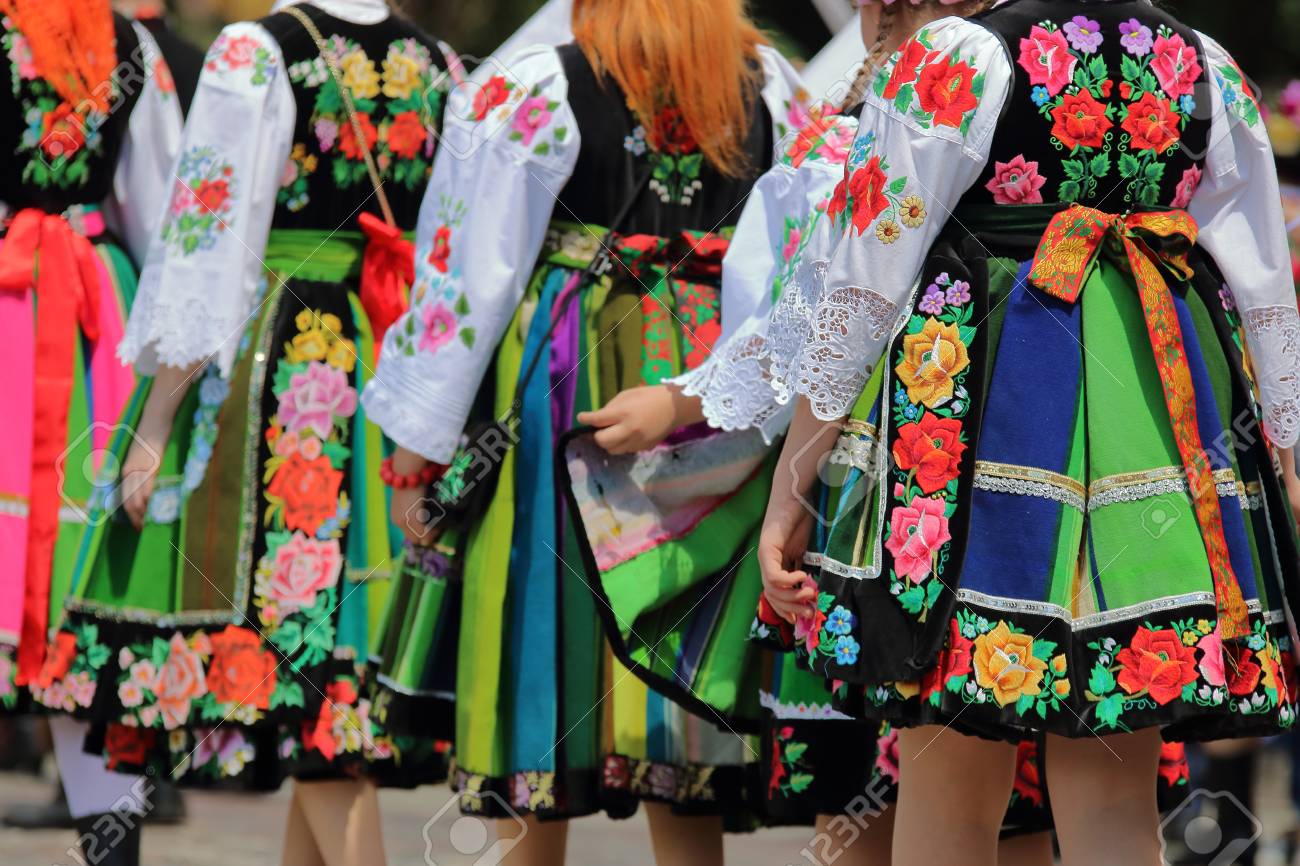 Group Of Girls Traditional Folk Costumes From Lowicz Region