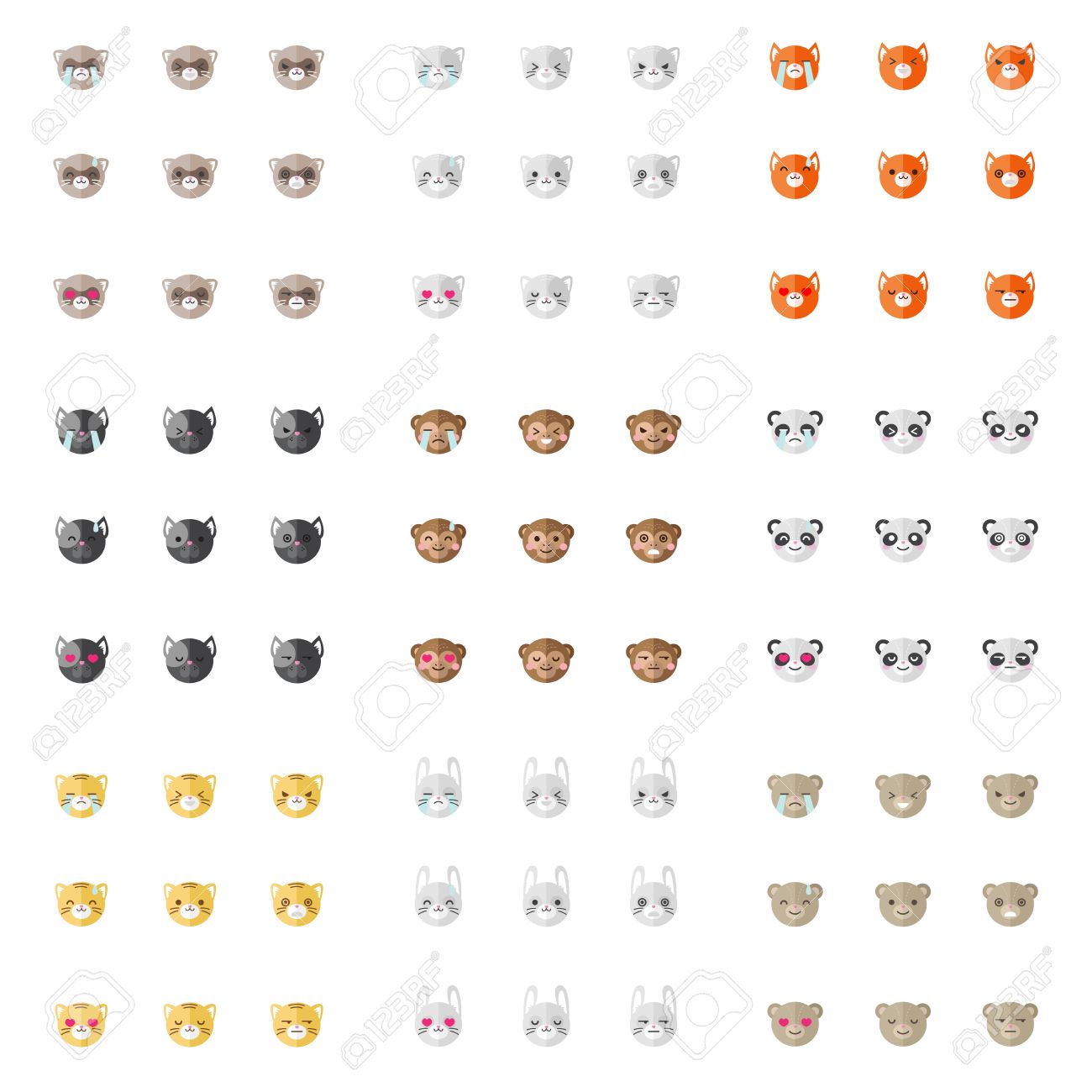 ベクトル モダンなミニマルなフラット動物絵文字コレクション 9 動物絵文字ヘッド さまざまな感情と猫 バニー フォックス 犬 フェレット サル パンダ トラとクマの頭 のイラスト素材 ベクタ Image ベクトル モダンなミニマルなフラット動物絵文字コレクション 9 動物絵文字ヘッド さまざまな感情と猫 バニー フォックス 犬 フェレット サル パンダ トラとクマの頭 のイラスト素材 ベクタ Image