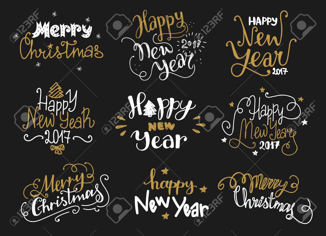 新年あけましてメリー クリスマス ゴールデン手面白いスタイルで描かれた文字ラベルの 休日黒板ご挨拶本文のイラスト素材 ベクタ Image