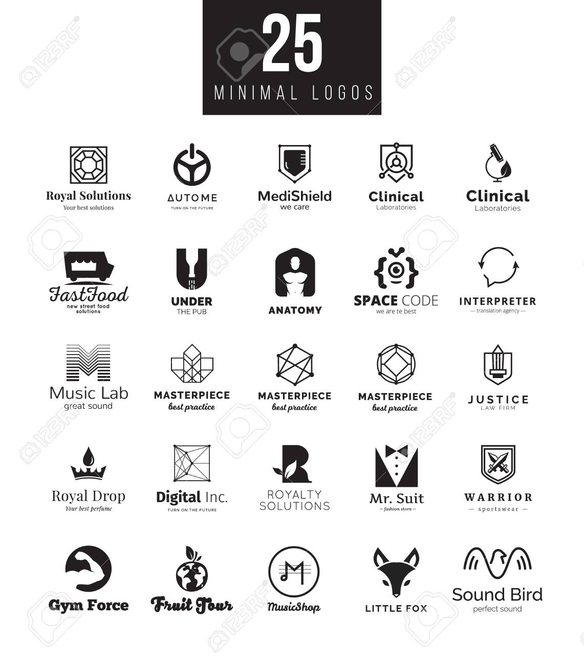 最小限のロゴのデザイン テンプレートのコレクションです テーマ別に黒と白のブランド シンボルの大きなセットのイラスト素材 ベクタ Image