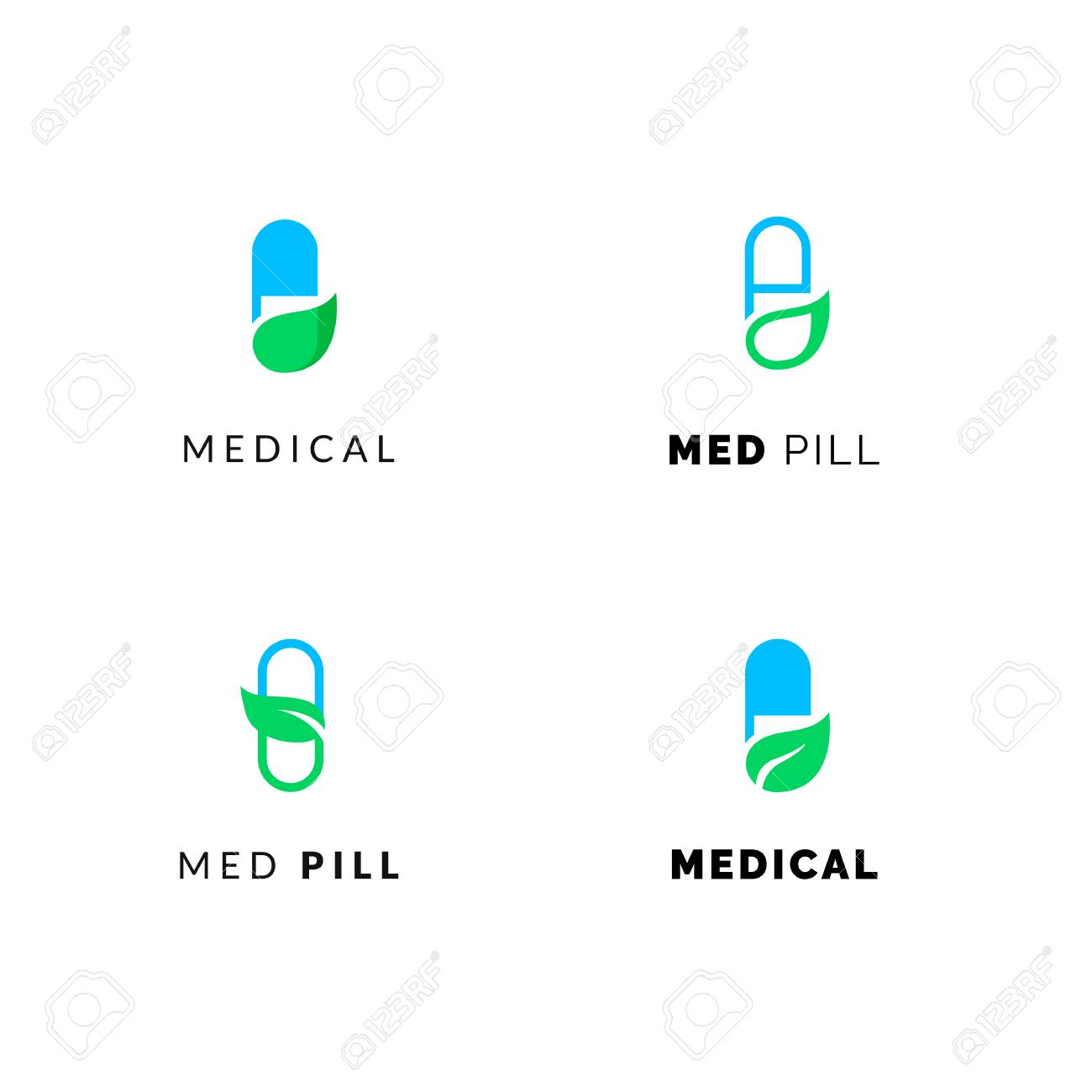 Flat Line Medicine Icons Blue And Green Emblem Logos Web Online