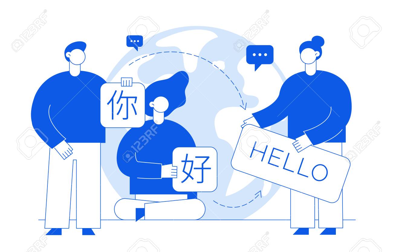 大きな現代人のベクトルフラットライン翻訳デザインコンセプト 中国語と英語で単語helloとカードを保持しています トレンディな語学コース 地球儀で翻訳 代理店のイラスト のイラスト素材 ベクタ Image