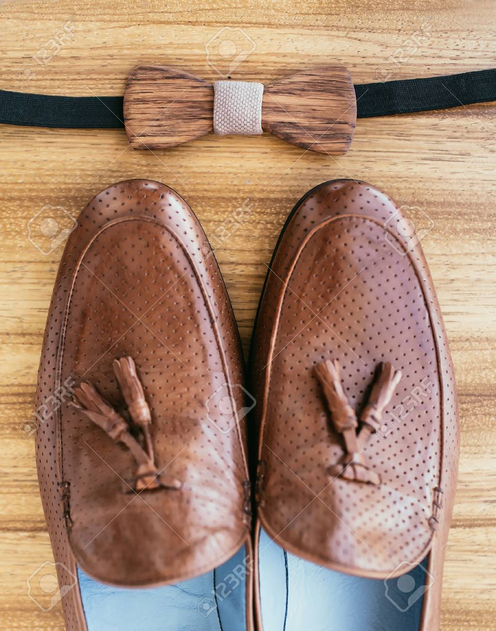 Groom S Wedding Accessories Brown Shoes And Wooden Bow Tie Stock