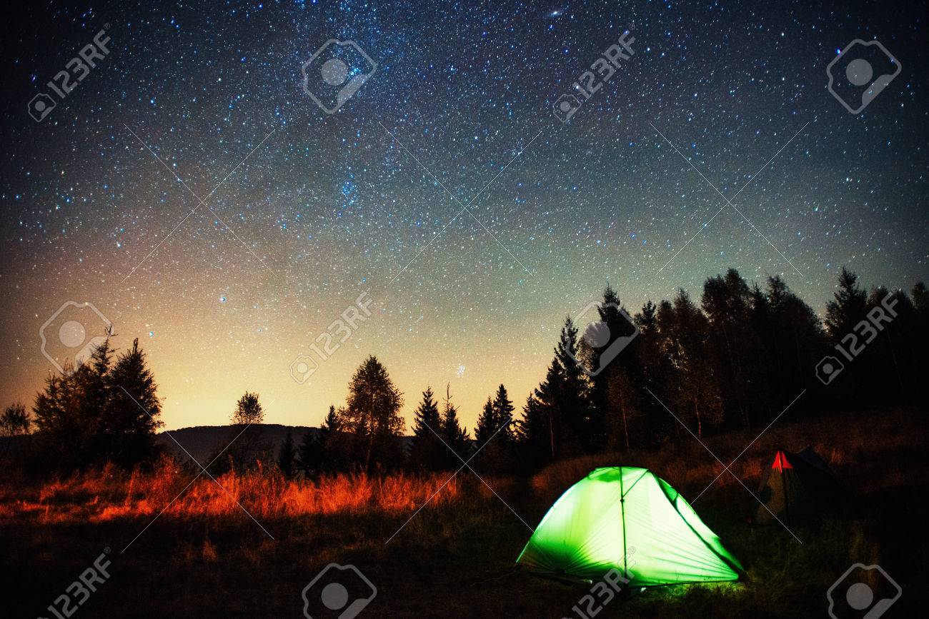 Camping Under The Stars Green Solo Tent Dark Night Sky Stock Photo Picture And Royalty Free Image Image