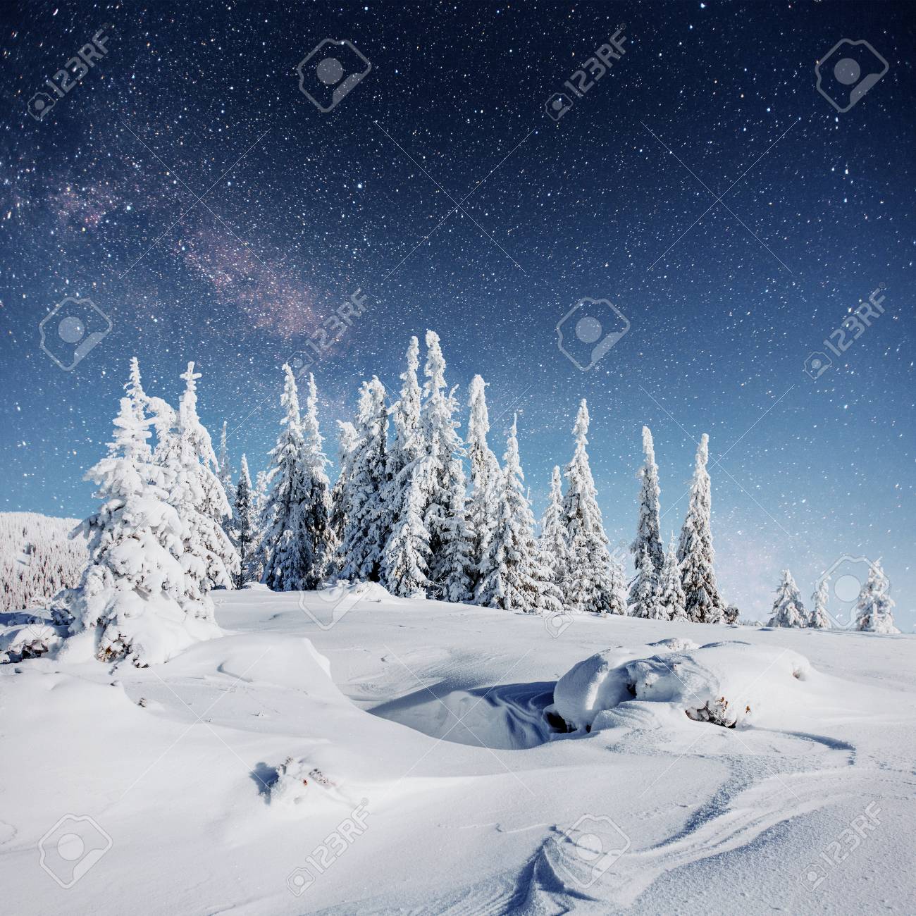 冬の雪の夜の星空を 幻想的な天の川 の写真素材 画像素材 Image