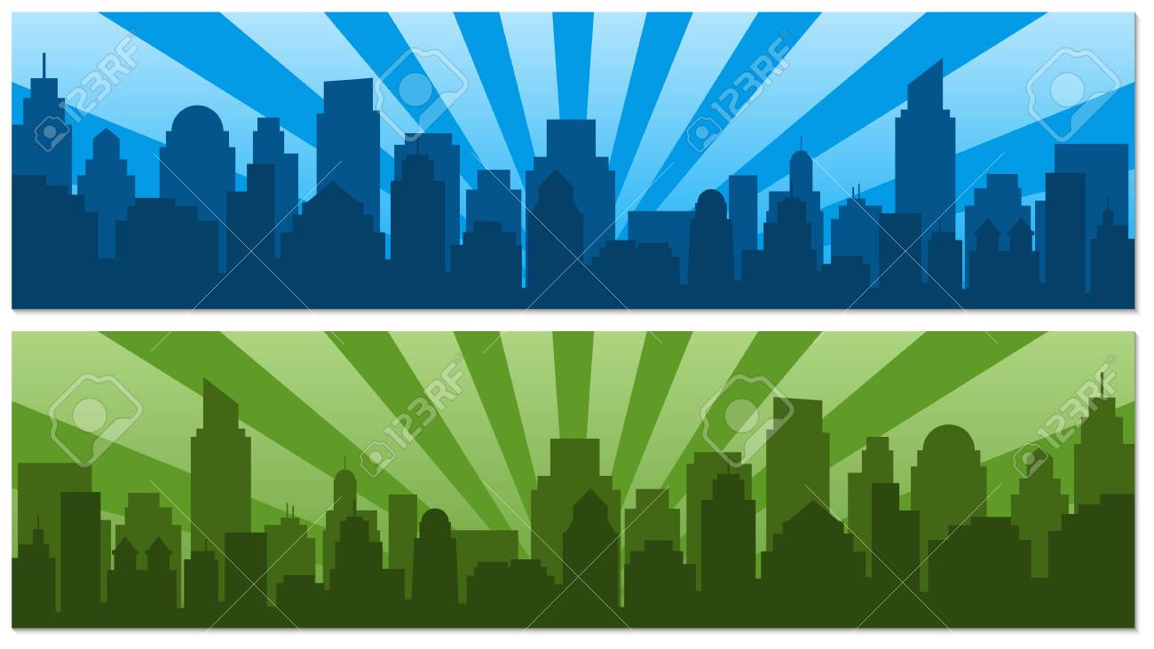 Two Posters With Sunrise And Modern Silhouette City In Pop Art