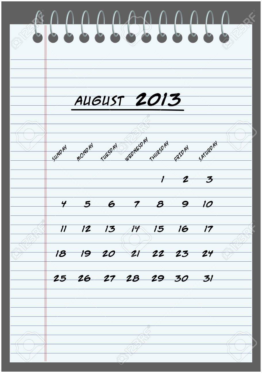 monthly calendar august 2013 hand written in the notebook august 2013 monthly calendar
