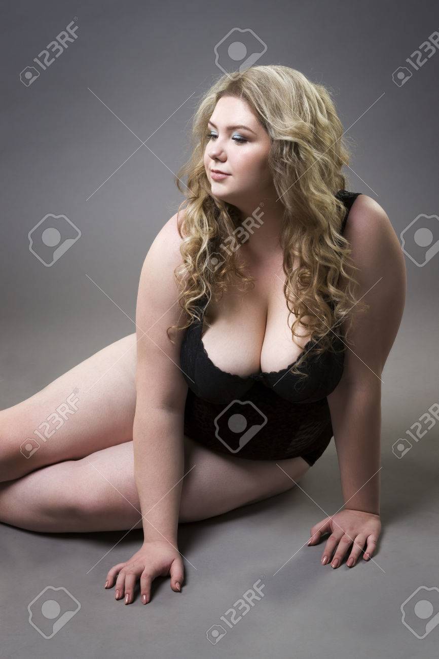 Young Beautiful Blonde Plus Size Model With Big Natural Breasts In  Underwear, Xxl Woman In Lingerie On Gray Studio Background Stock Photo,  Picture and Royalty Free Image. Image 72437069.