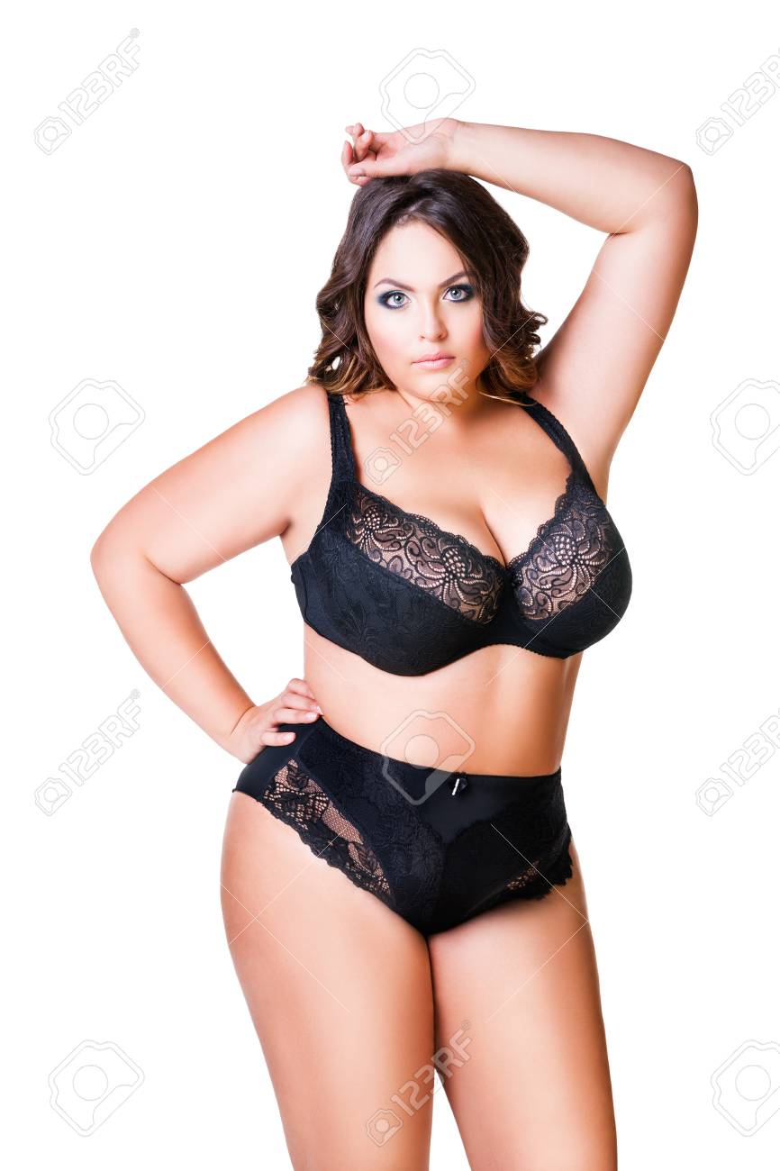 Plus Size Sexy Model In Black Underwear, Fat Woman Isolated On White  Background, Overweight Female Body, Curly Hair And Make-up Stock Photo,  Picture and Royalty Free Image. Image 99042159.