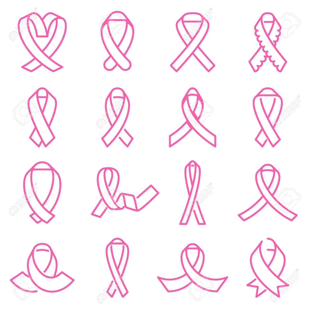 pink awareness ribbon icons collection of 16 breast cancer