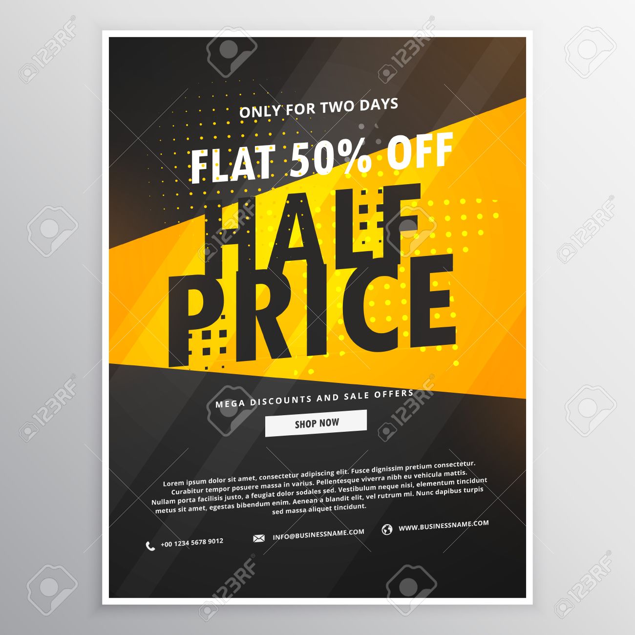 half price sale brochure flyer promotional template in yellow