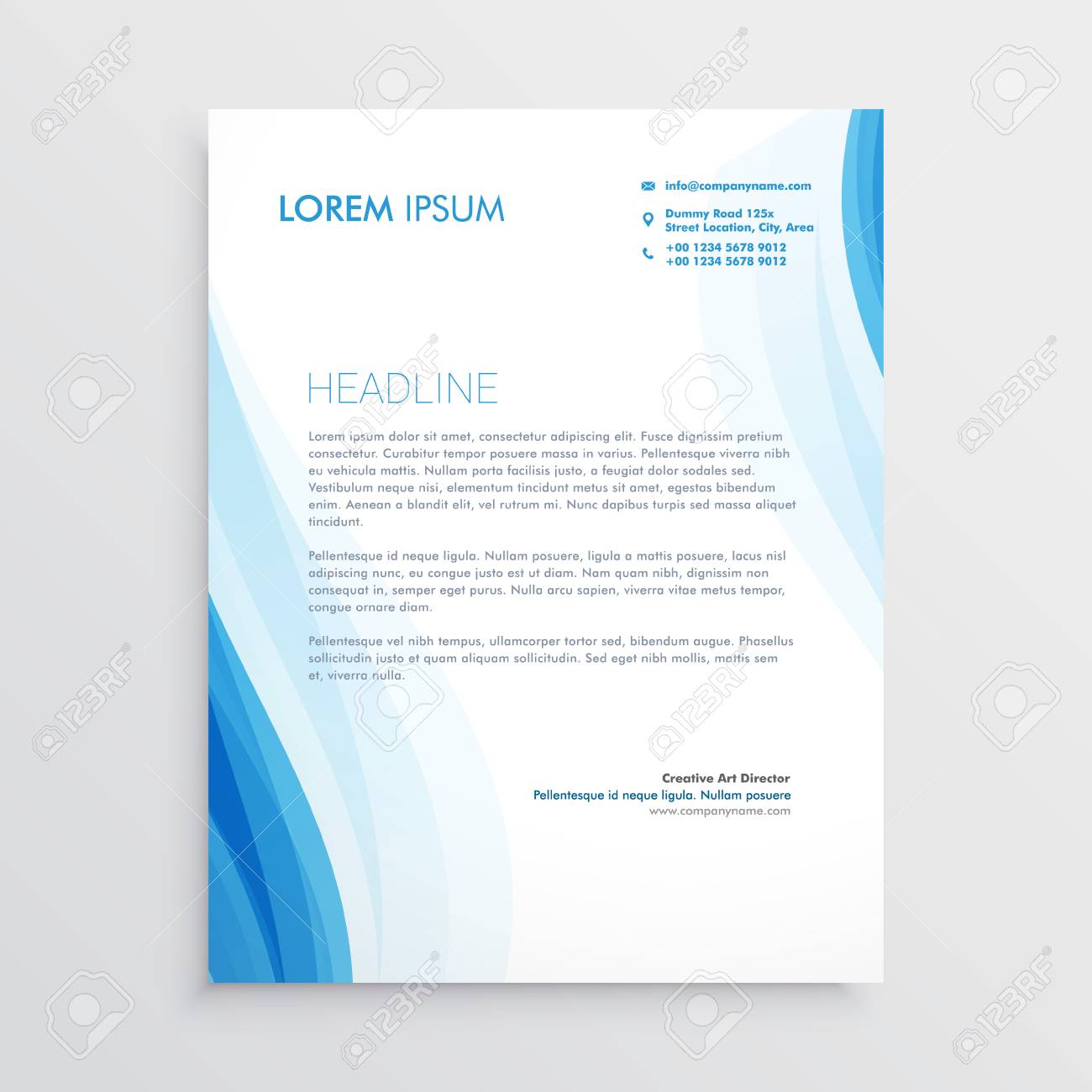 elegant blue letterhead design template with wavy shape royalty free