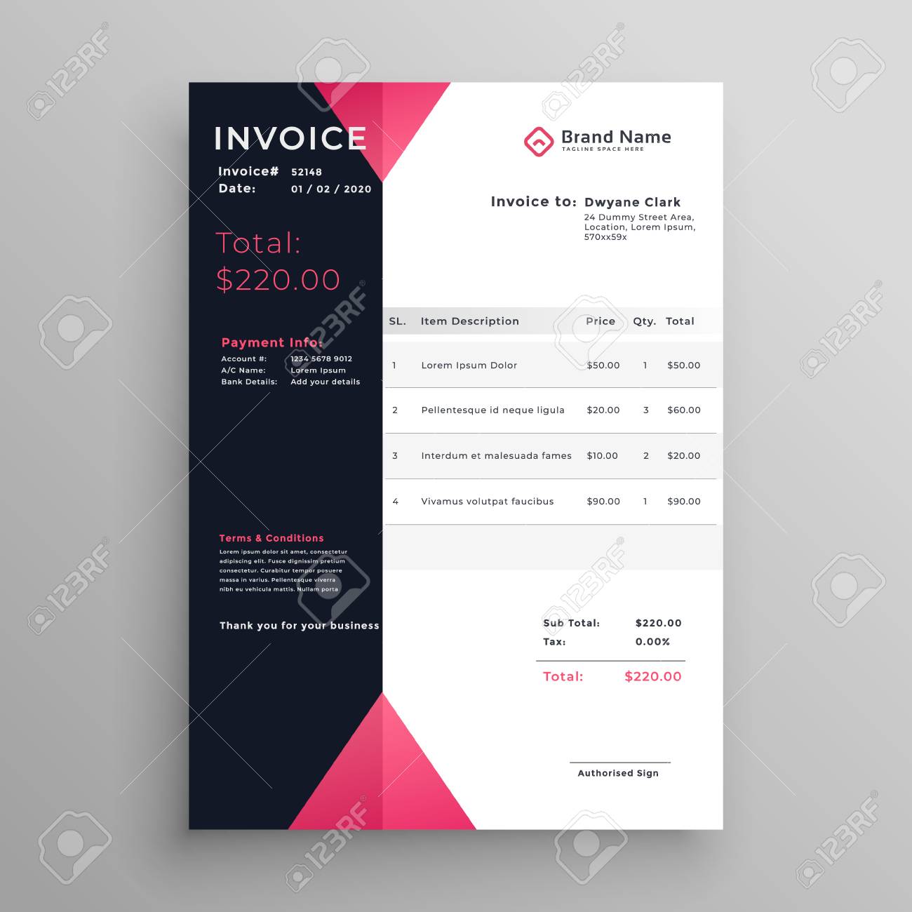 modern invoice template design in pink theme royalty free cliparts