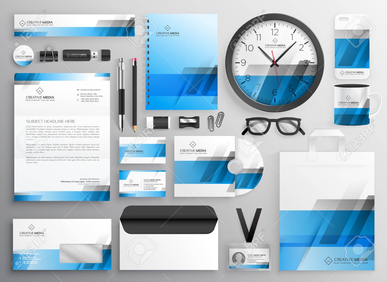 professional blue business stationery items set royalty free