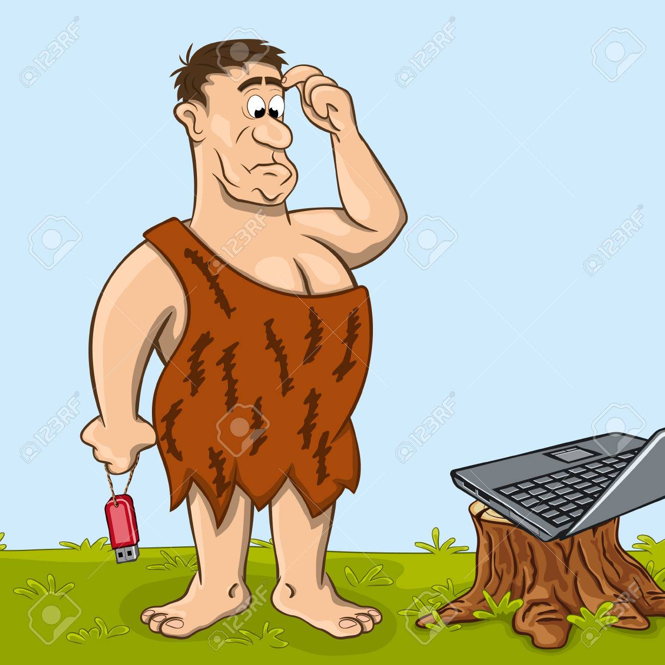 原始人の当惑に彼の手で Usb フラッシュ メモリ デバイスには ノート パソコンを見ています ファニーの漫画のキャラクター のイラスト素材 ベクタ Image