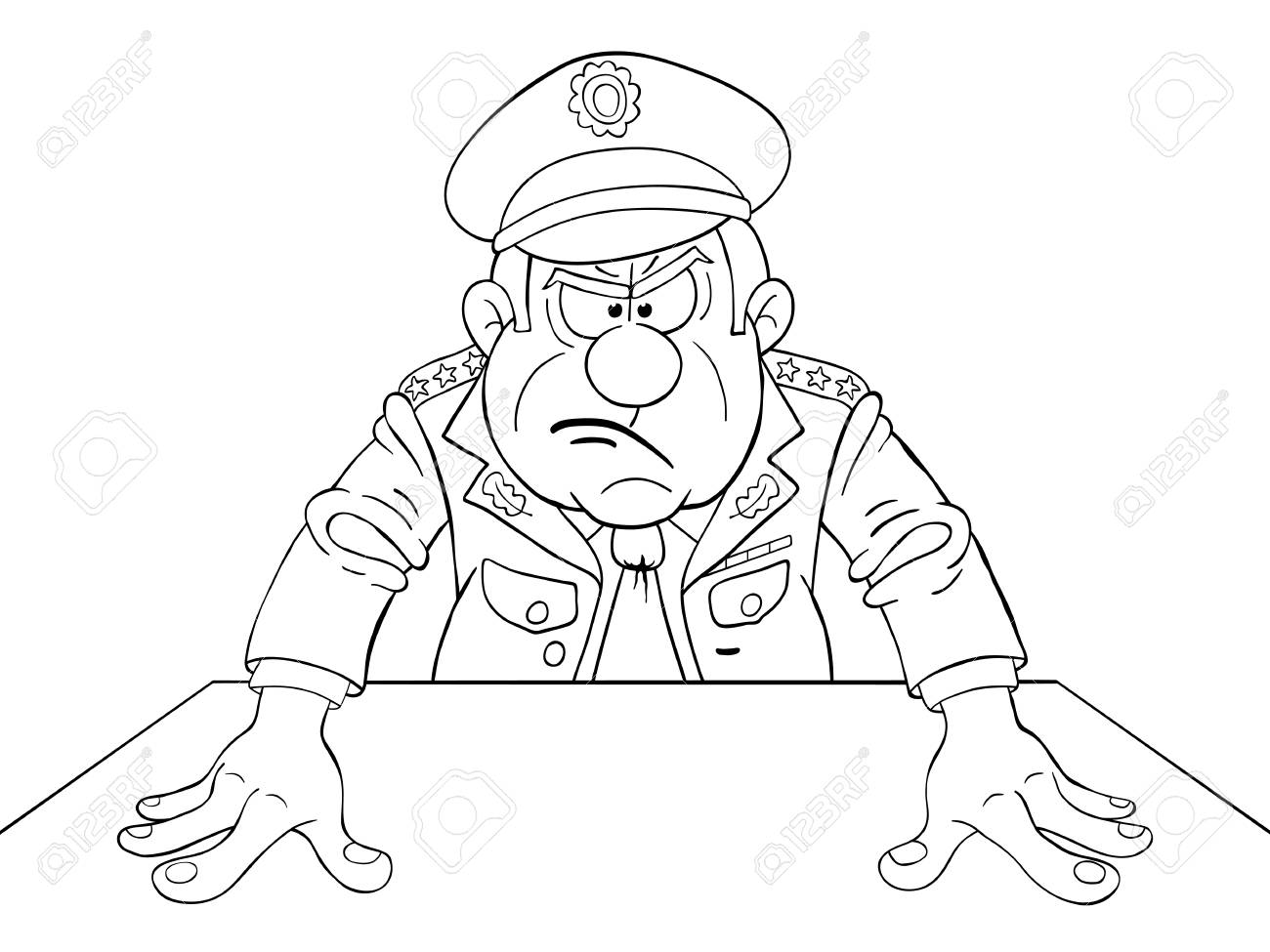 テーブルで怒っている軍将軍の白黒イラスト のイラスト素材 ベクタ Image